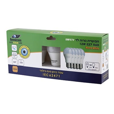 חמש נורות לד WW 12W E27 A60 SAFETY מקט - SE-5XNA6012/WW
