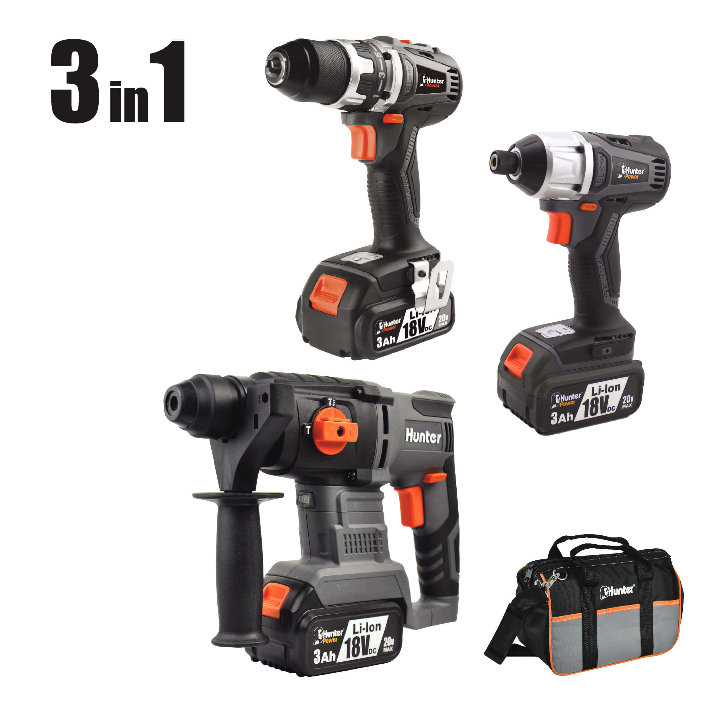 סט פטישון + אימפקט + מברגה 3Ah 18V BL דגם 102700-003 HUNTER