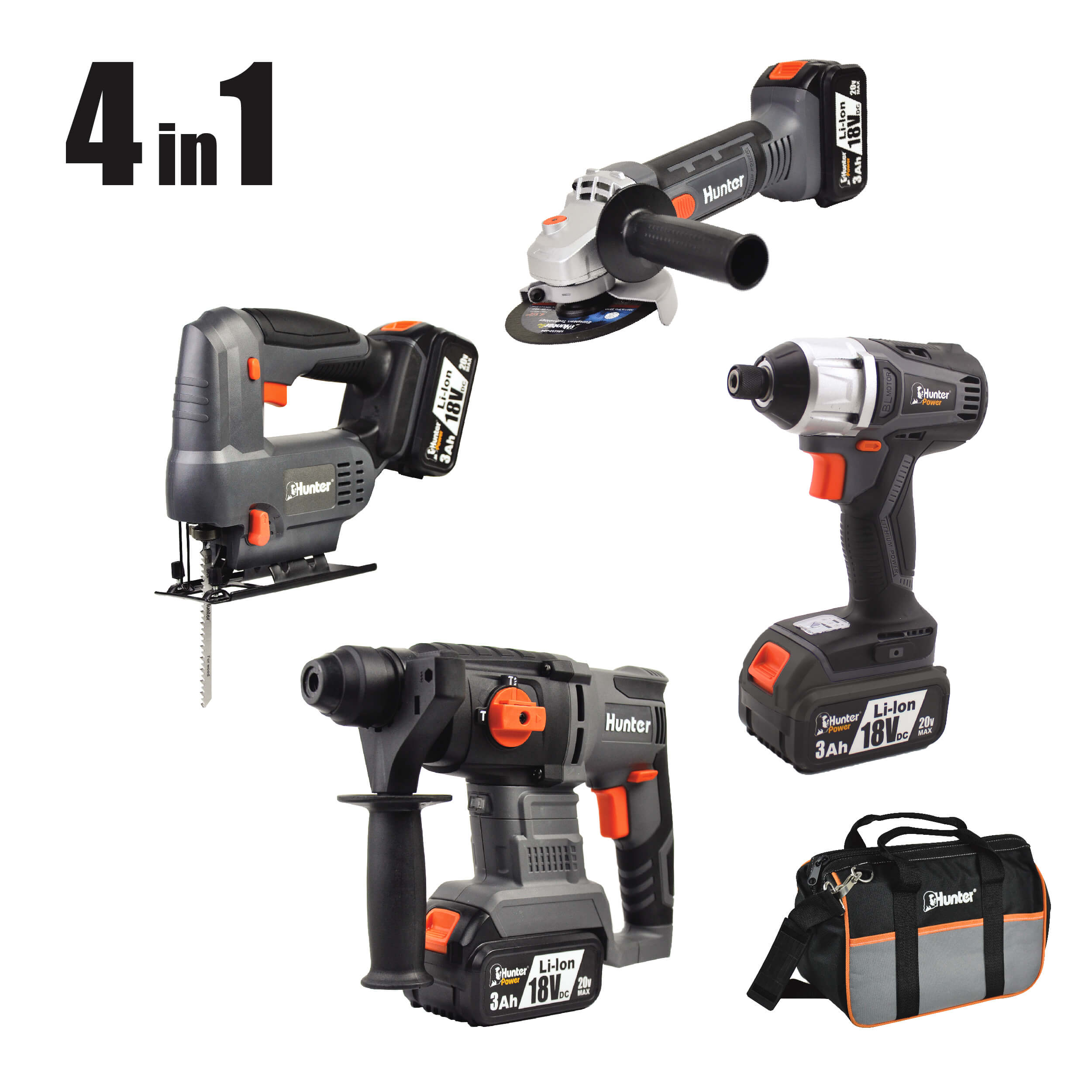 סט 4 ,פטישון + אימפקט + מברגה + 3Ah 18V דגם 102700-004 HUNTER