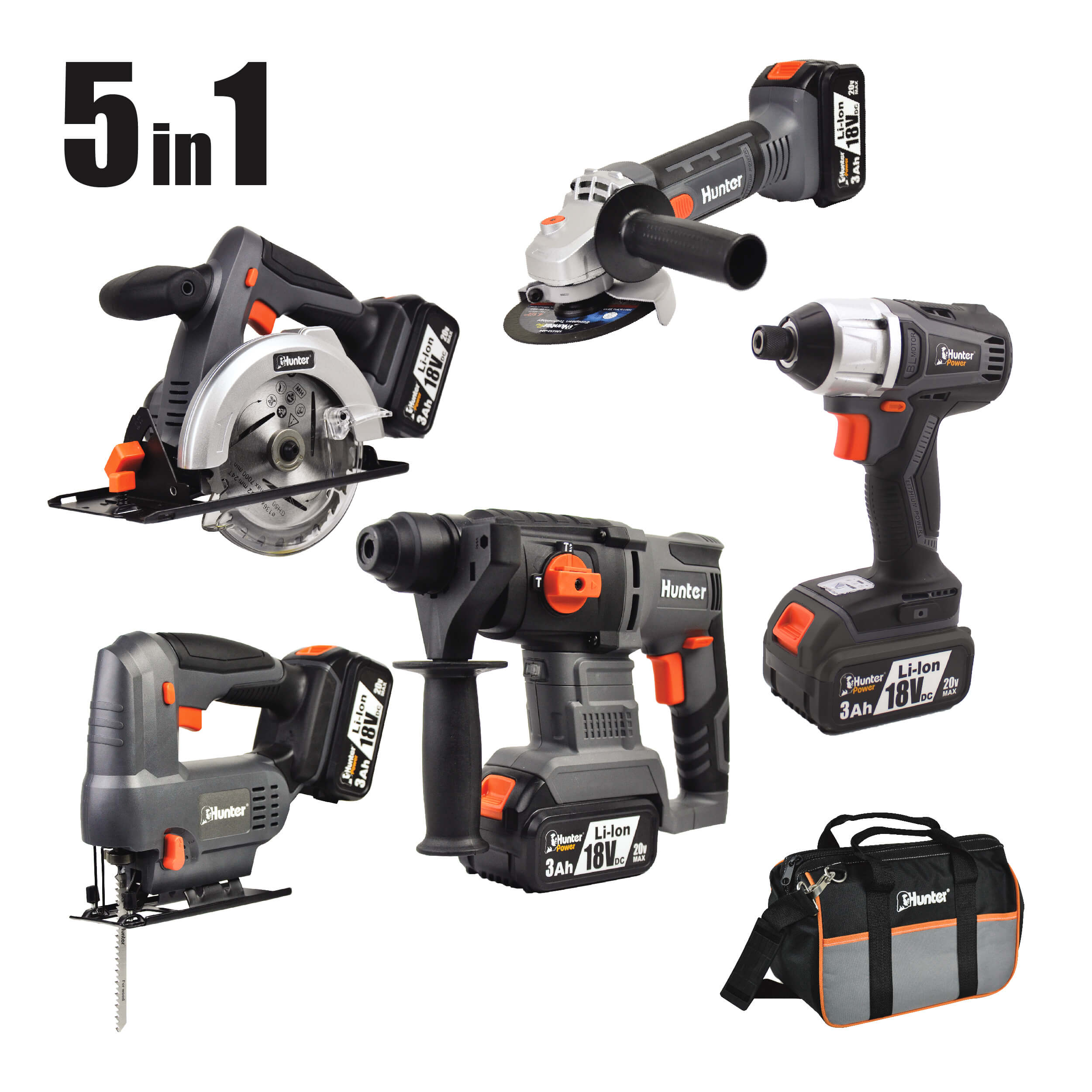 סט 5 כלים נטענים 3Ah 18V מקט - 102700-005 HUNTER
