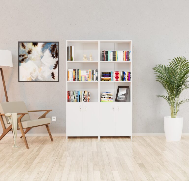 כוננית/ספריה רחבה לבית ולמשרד דגם OREL-WHITE - צבע לבן - פטיש ומסמר