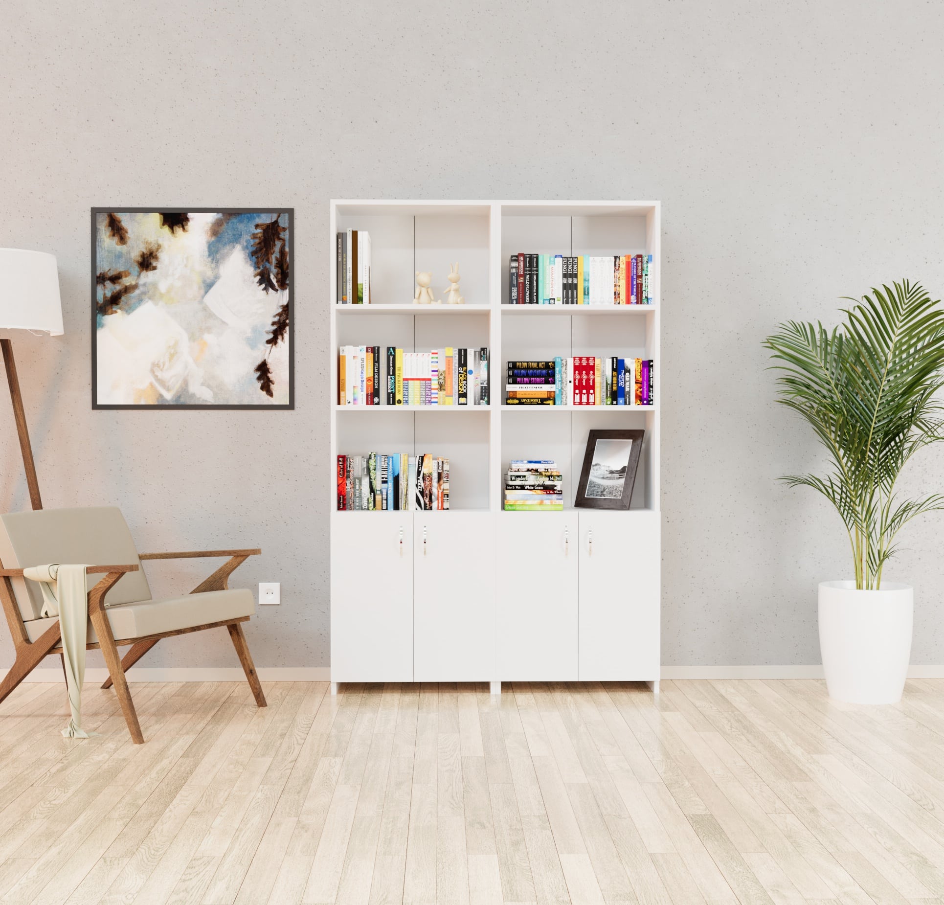 כוננית/ספריה רחבה לבית ולמשרד דגם OREL-WHITE - צבע לבן - פטיש ומסמר