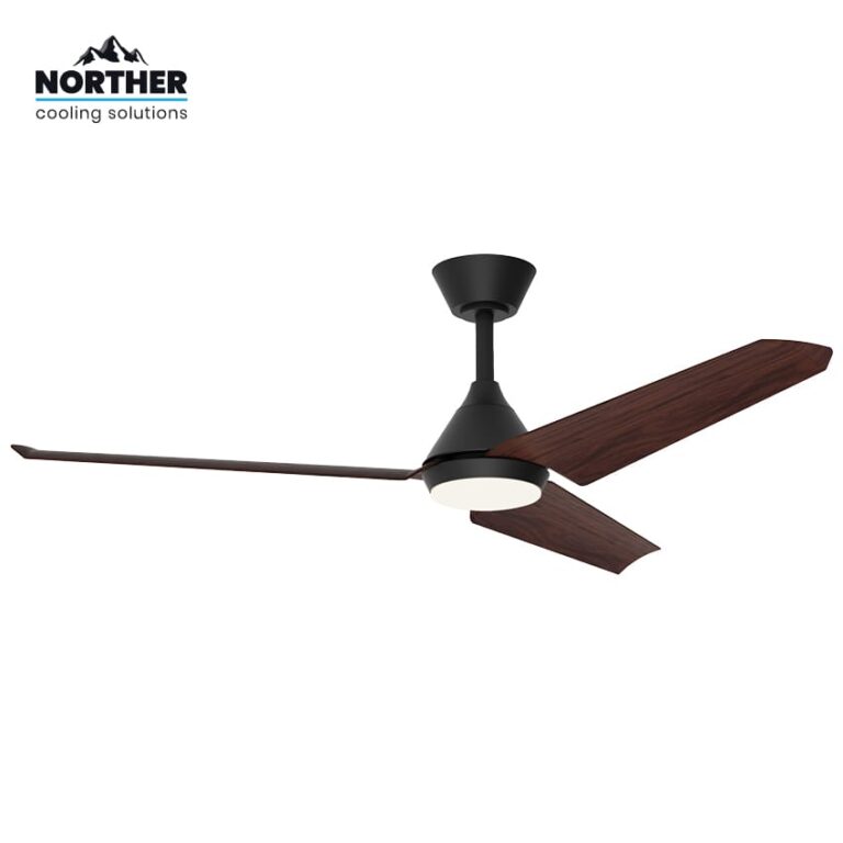 Norther מאוורר תקרה לפרגולה 52 אינץ' דגם TANGO IP44 שחור/עץ כהה | מנוע DC שקט | תאורת LED | שלט רחוק