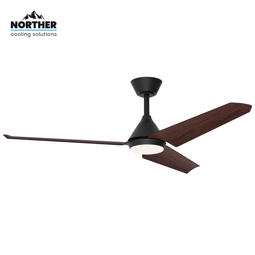 Norther מאוורר תקרה לפרגולה 52 אינץ' דגם TANGO IP44 שחור/עץ כהה | מנוע DC שקט | תאורת LED | שלט רחוק - פטיש ומסמר