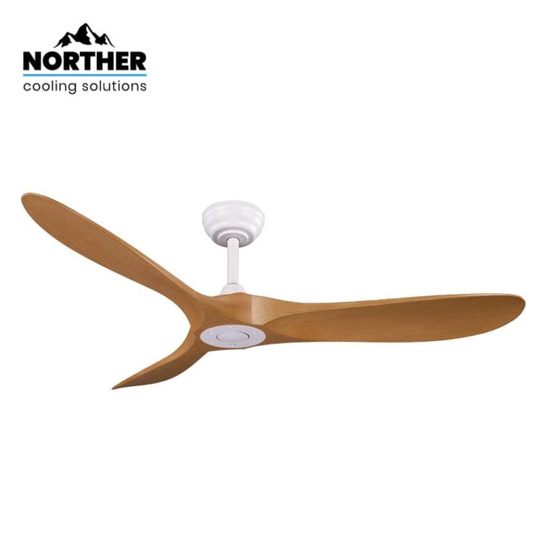 מאוורר תקרה Norther YORK 52″ לבן/עץ טיק | מנוע DC שקט | שלט | ללא תאורה