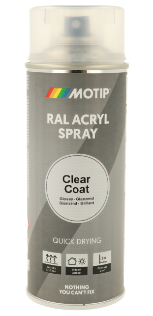 ספריי לק שקוף מקצועי MOTIP Clear Coat 7242 בנפח 400 מ"ל, מתאים לעץ מתכת זכוכית ופלסטיק, עמיד בפני שריטות וקרינת UV, מק"ט 10572
