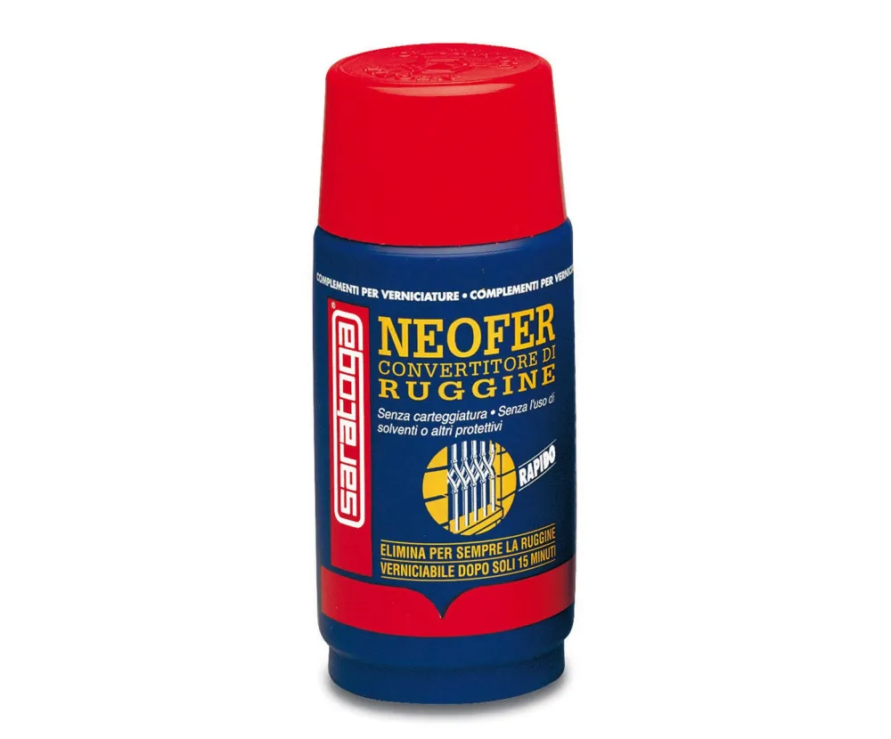 בקבוק ממיר חלודה SARATOGA NEOFER דגם FAST RUST CONVERTER 250 מ"ל - נוזל מתקדם החודר בין חלקיקי החלודה והופך אותם לשכבה בלתי פעילה ויציבה לצביעה