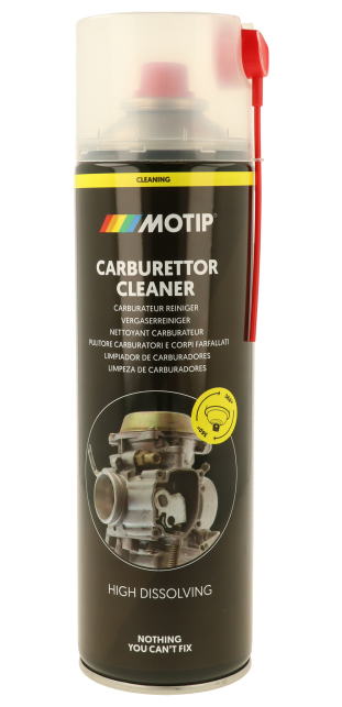 ספריי מנקה קרבורטור MOTIP MO90510 בנפח 500 מ"ל עם שסתום 360 מעלות, מיועד לניקוי מקצועי של קרבורטורים ושסתומים ללא פירוק, בעל יכולת המסה גבוהה ותרסיס מכוון