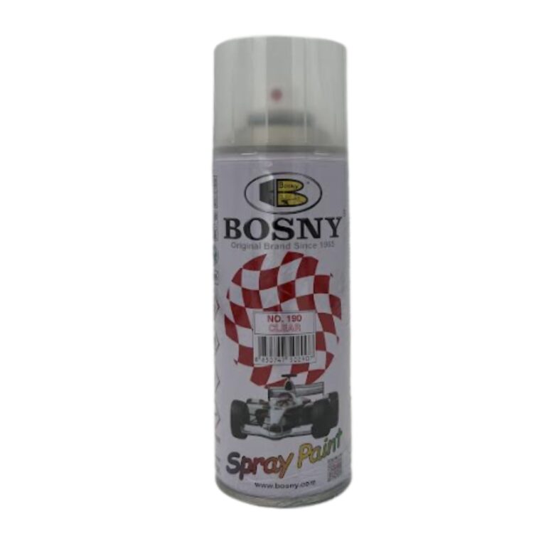 ספריי שקוף מבריק Bosny B100 דגם 190 בנפח 400 מ"ל על בסיס אקרילי טהור למתן הגנה עליונה וברק גבוה על משטחים צבועים