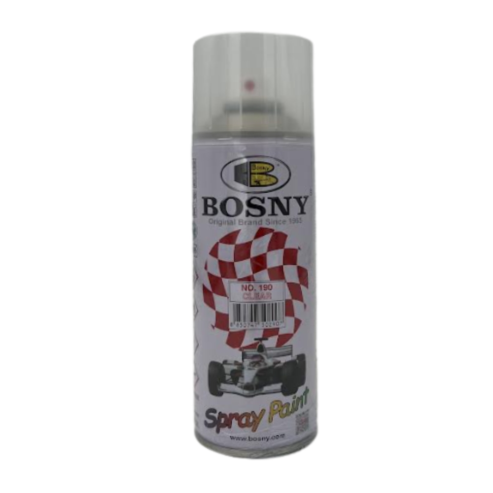 ספריי שקוף מבריק Bosny B100 דגם 190 בנפח 400 מ"ל על בסיס אקרילי טהור למתן הגנה עליונה וברק גבוה על משטחים צבועים