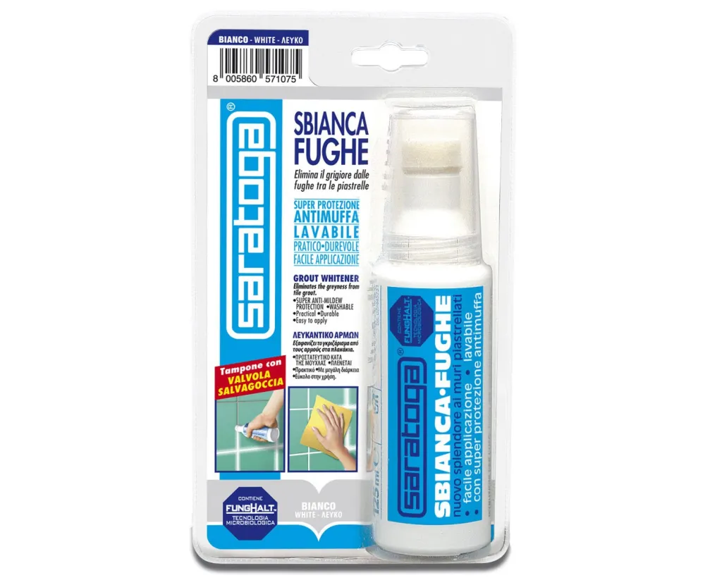 בקבוק מלבין פוגות Saratoga Sbianca Fughe דגם Funghalt 125ml - מסיר אפרוריות ומונע עובש בפוגות קרמיקה עם רפידה מיוחדת לשימוש מדויק